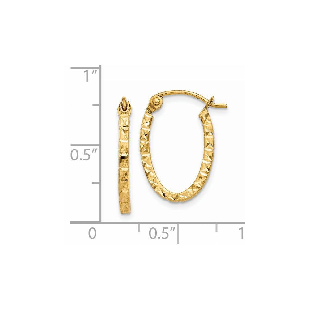 14K Yellow Gold Diamond Cut Oval Hollow Hoop Earrings - Product Photo