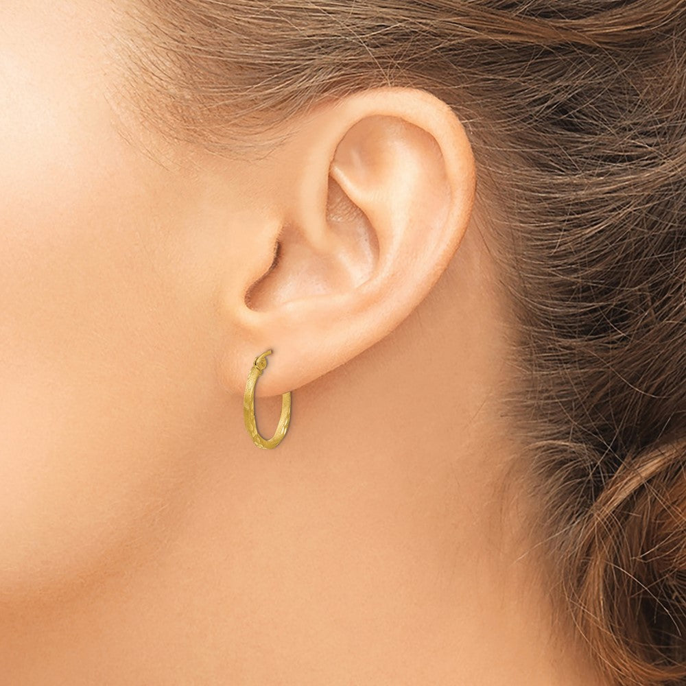 14K Satin Diamond Cut Hollow Twisted Hoop Earrings - Product Photo