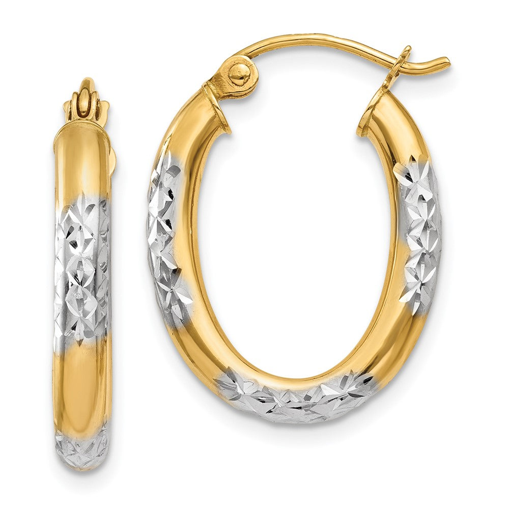 14K Yellow & Rhodium & Rhodium 3mm Diamond Cut Oval Hollow Hoop Earrings