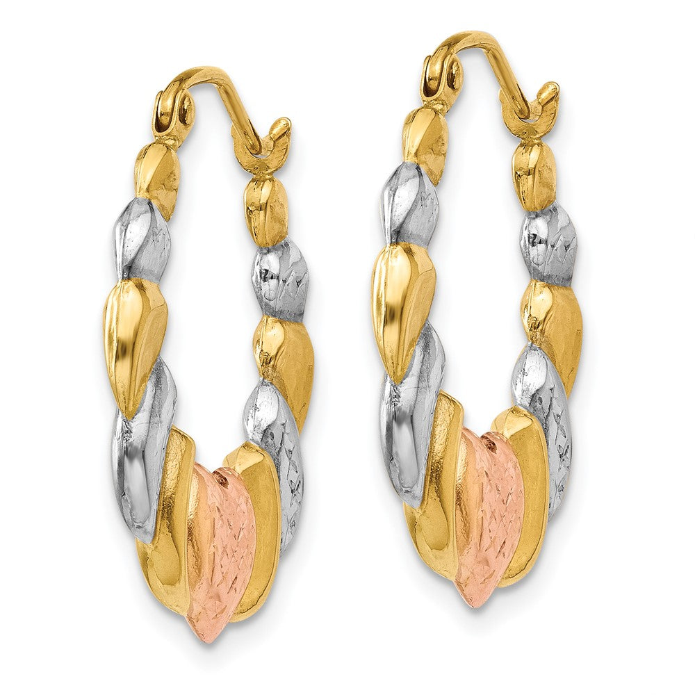 14K Yellow & Rhodium & White and Rose Rhodium Scalloped Heart Hoop Earrings - Product Photo
