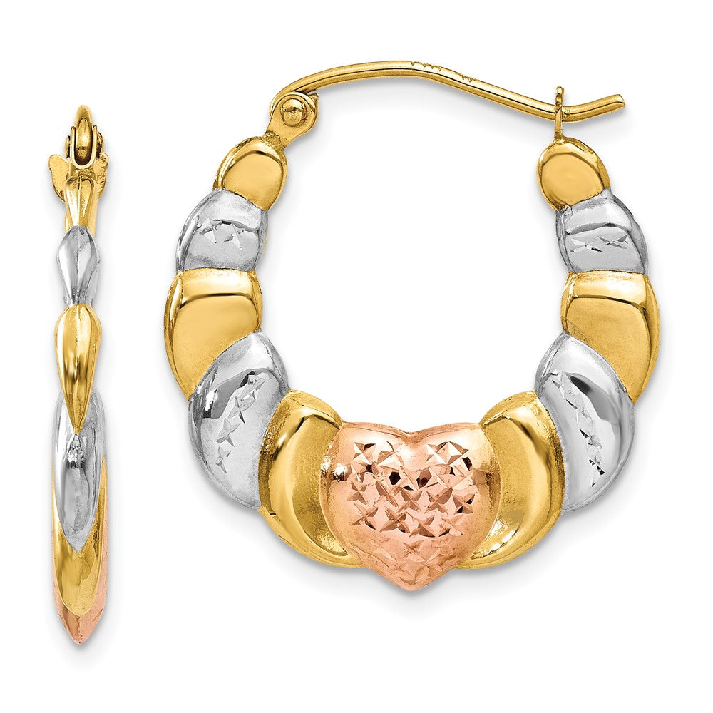 14K Yellow & Rhodium & White and Rose Rhodium Scalloped Heart Hoop Earrings - Product Photo