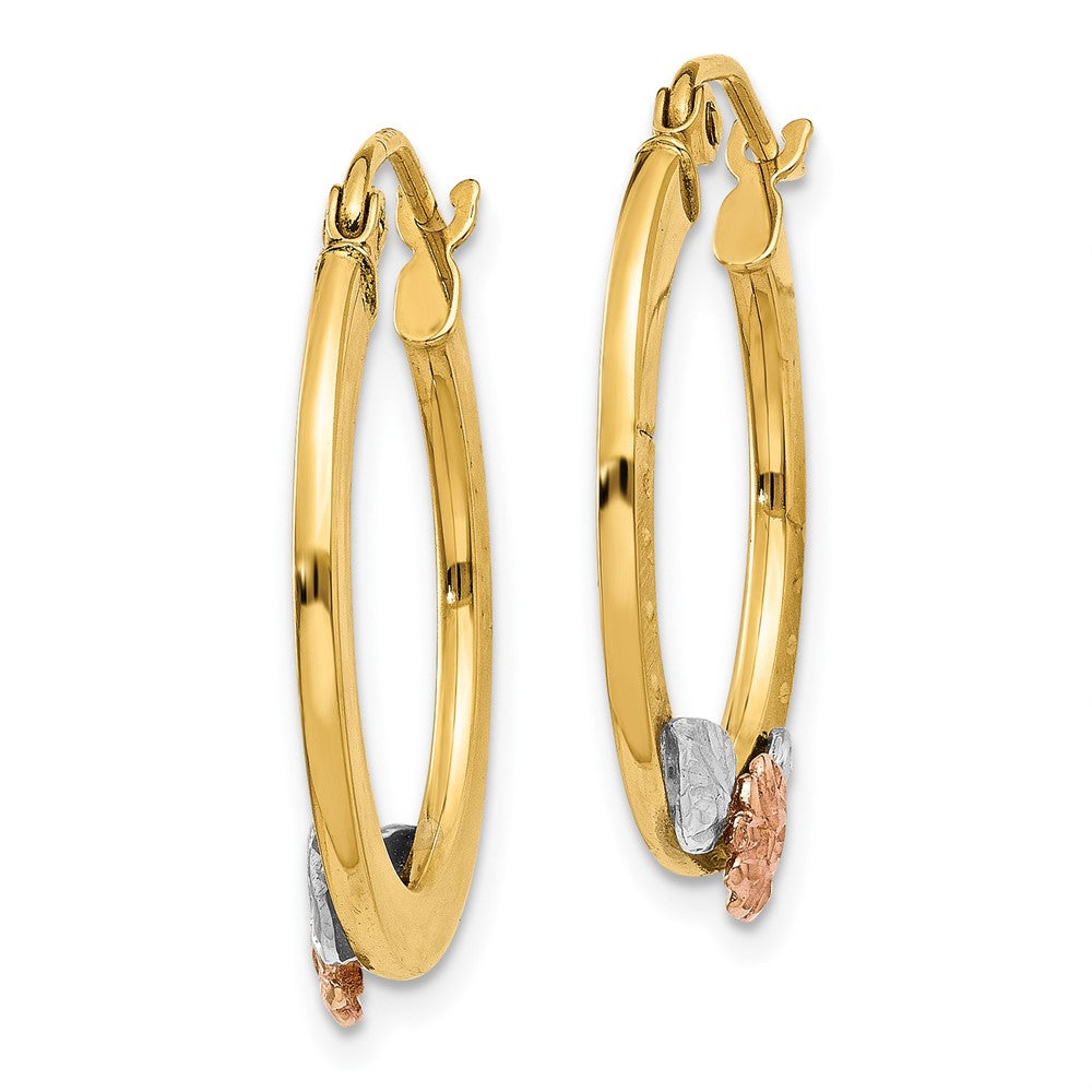 14K Yellow & Rose Gold w/ Rhodium Diamond Cut Flower Hoop Earrings - Product Photo
