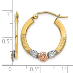 14K Yellow & Rose Gold w/ Rhodium Diamond Cut Flower Hoop Earrings - Product Photo