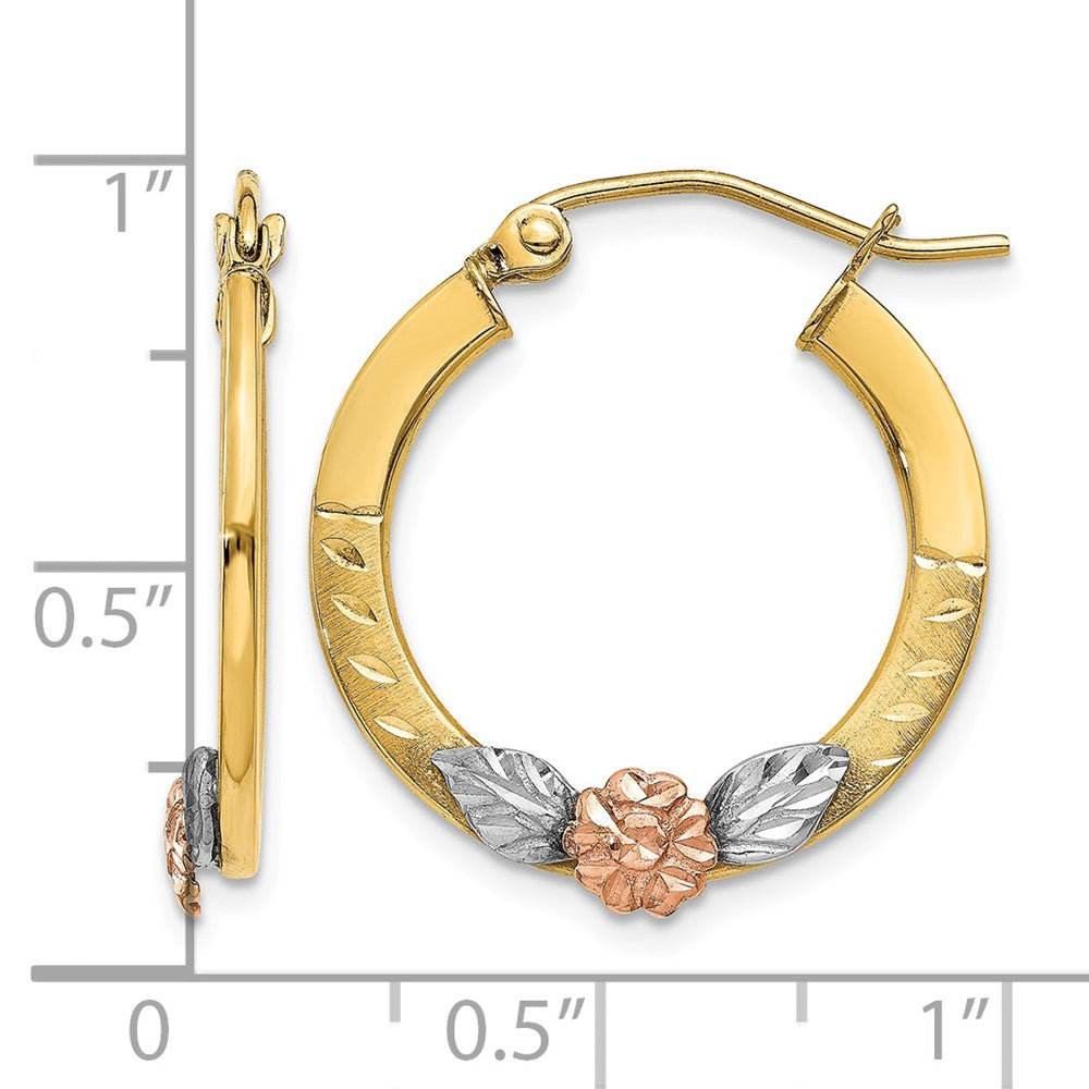 14K Yellow & Rose Gold w/ Rhodium Diamond Cut Flower Hoop Earrings - Product Photo