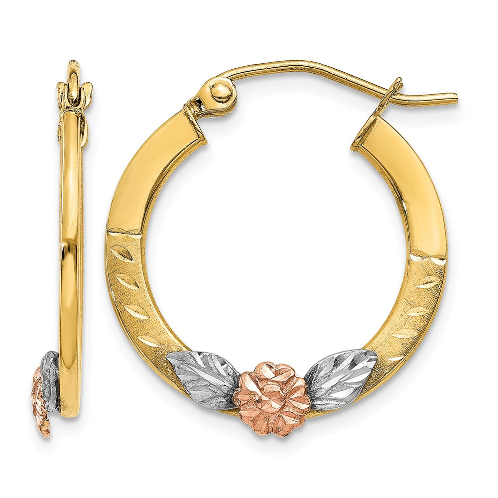 14K Two-tone Yellow & Rose Gold w/ Rhodium Diamond Cut Flower Hoop Earrings