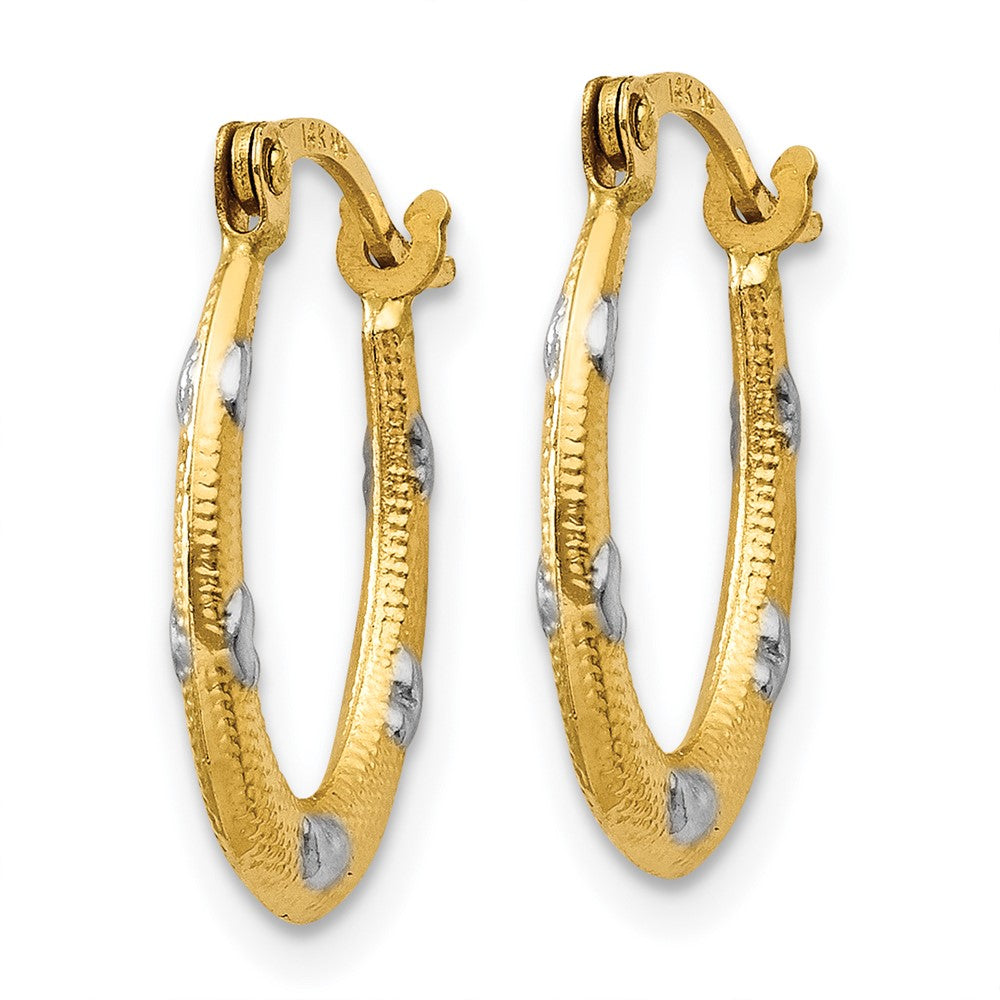 14K Yellow & Rhodium Rhodium Textured Hollow Oval w/ Hearts Hoop Earrings - Product Photo
