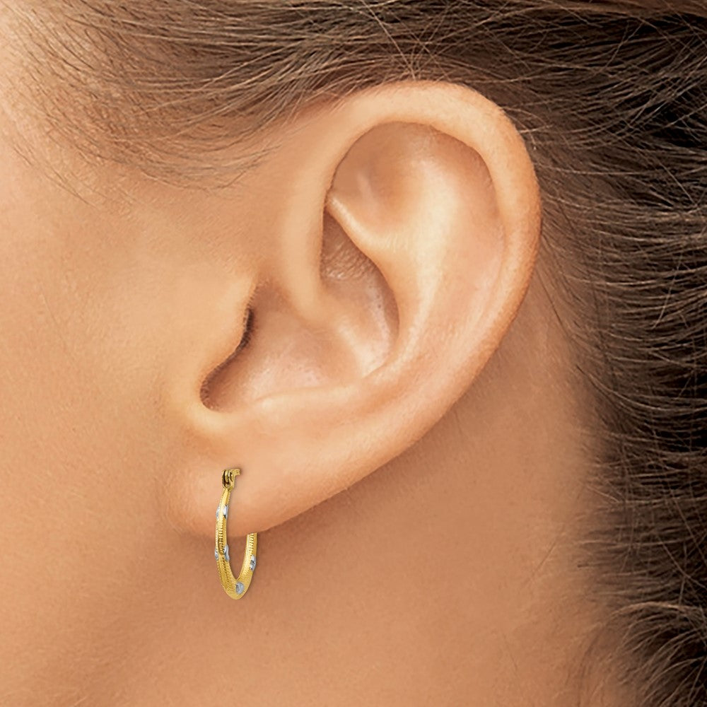 14K Yellow & Rhodium Rhodium Textured Hollow Oval w/ Hearts Hoop Earrings - Product Photo