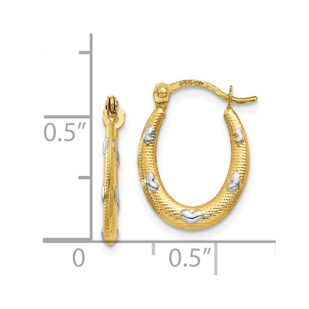 14K Yellow & Rhodium Rhodium Textured Hollow Oval w/ Hearts Hoop Earrings - Product Photo