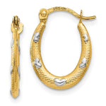 14K Yellow & Rhodium Rhodium Textured Hollow Oval w/ Hearts Hoop Earrings - Product Photo