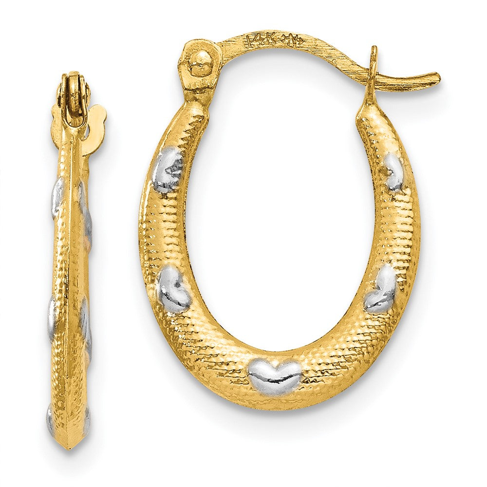 14K Yellow & Rhodium Rhodium Textured Hollow Oval w/ Hearts Hoop Earrings - Product Photo