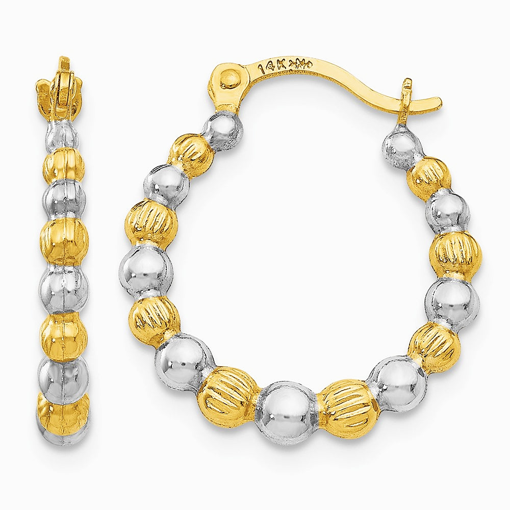 14K Yellow & Rhodium & Rhodium Beaded Hoop Earrings - Product Photo