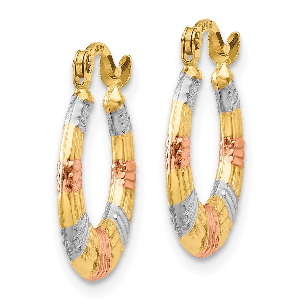 14K & White and Rose Rhodium Hollow Textured Hoop Earrings - Product Photo