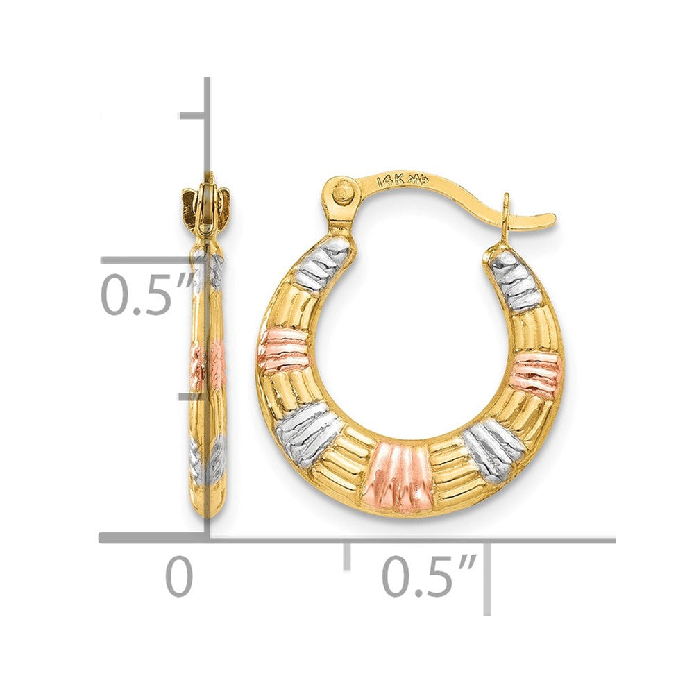 14K & White and Rose Rhodium Hollow Textured Hoop Earrings - Product Photo