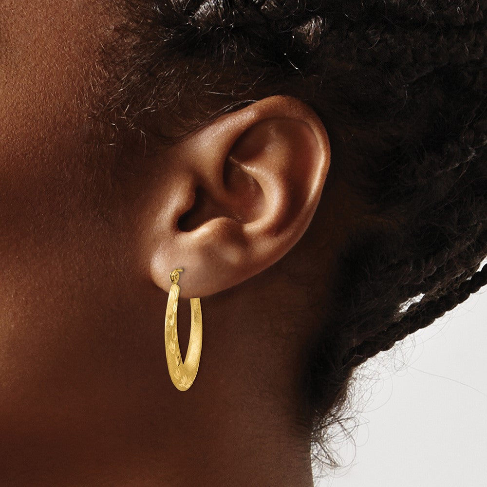 14K Satin Diamond Cut Hollow Hoop Earrings - Product Photo