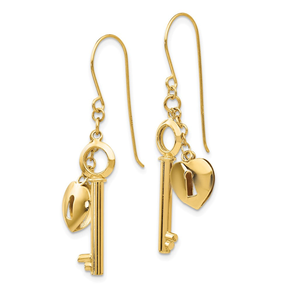 14K Yellow Gold Gold Puff Heart Lock and Key Earrings - Product Photo