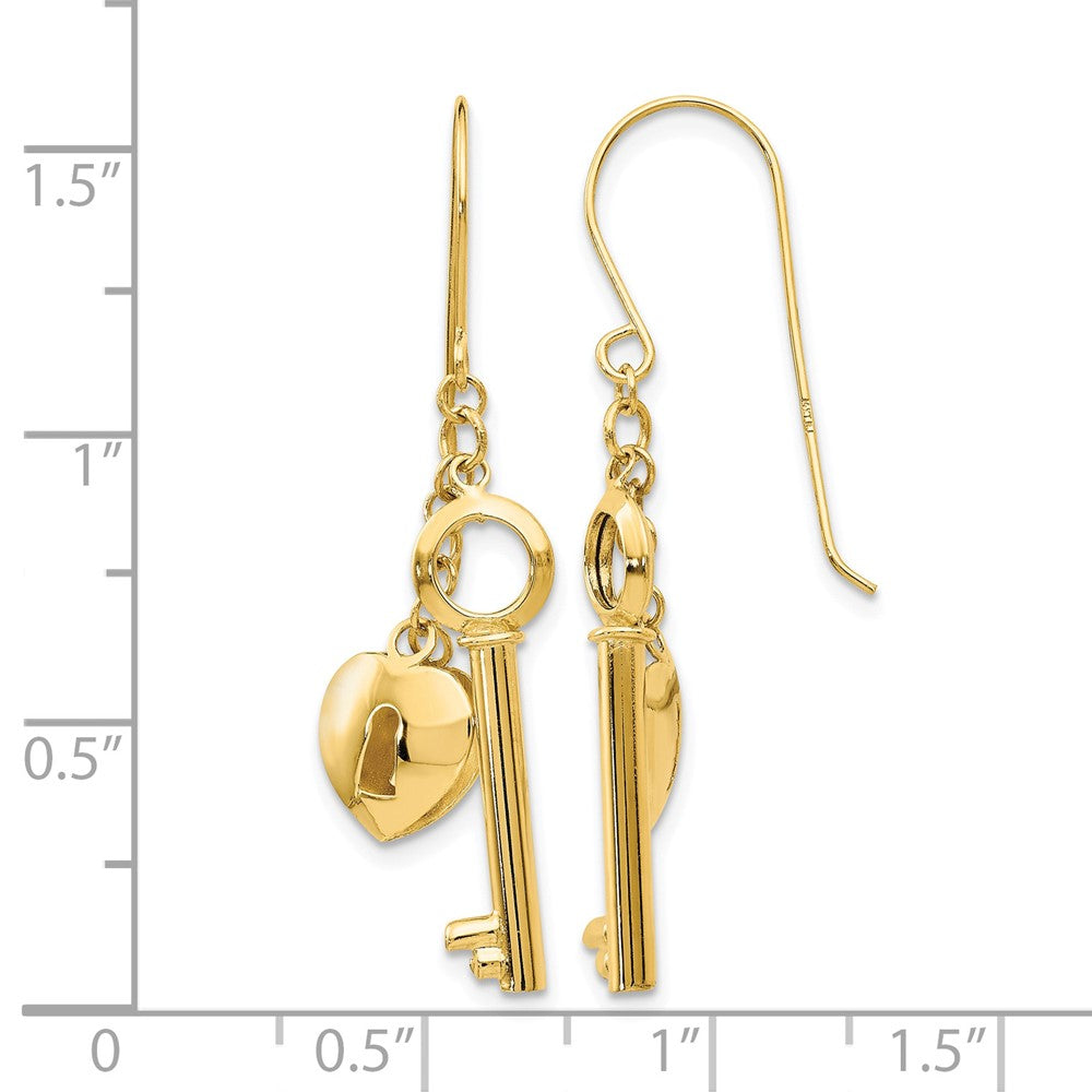 14K Yellow Gold Gold Puff Heart Lock and Key Earrings - Product Photo