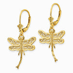 14K Yellow Gold Dragonfly with Filigree Wings Leverback Earrings - Product Photo