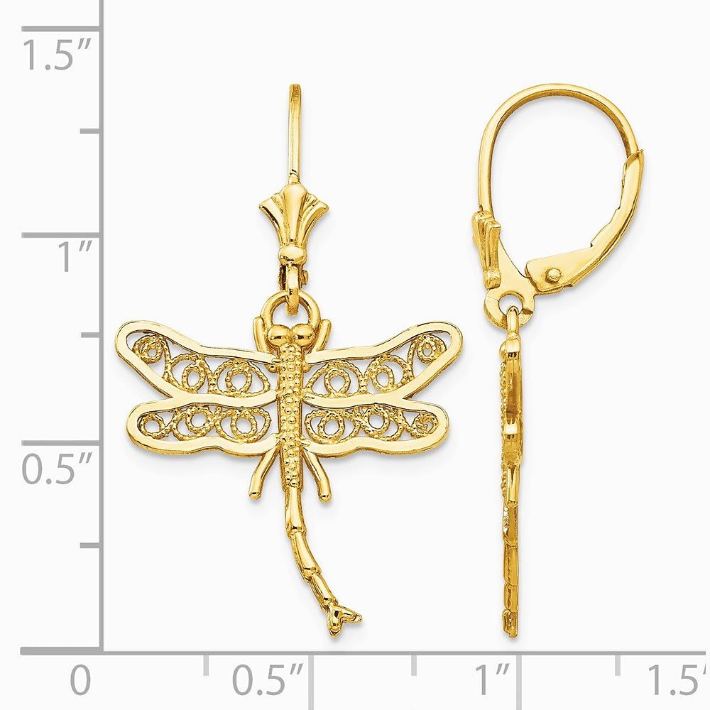 14K Yellow Gold Dragonfly with Filigree Wings Leverback Earrings - Product Photo