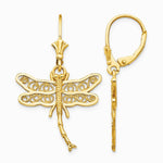 14K Yellow Gold Dragonfly with Filigree Wings Leverback Earrings - Product Photo