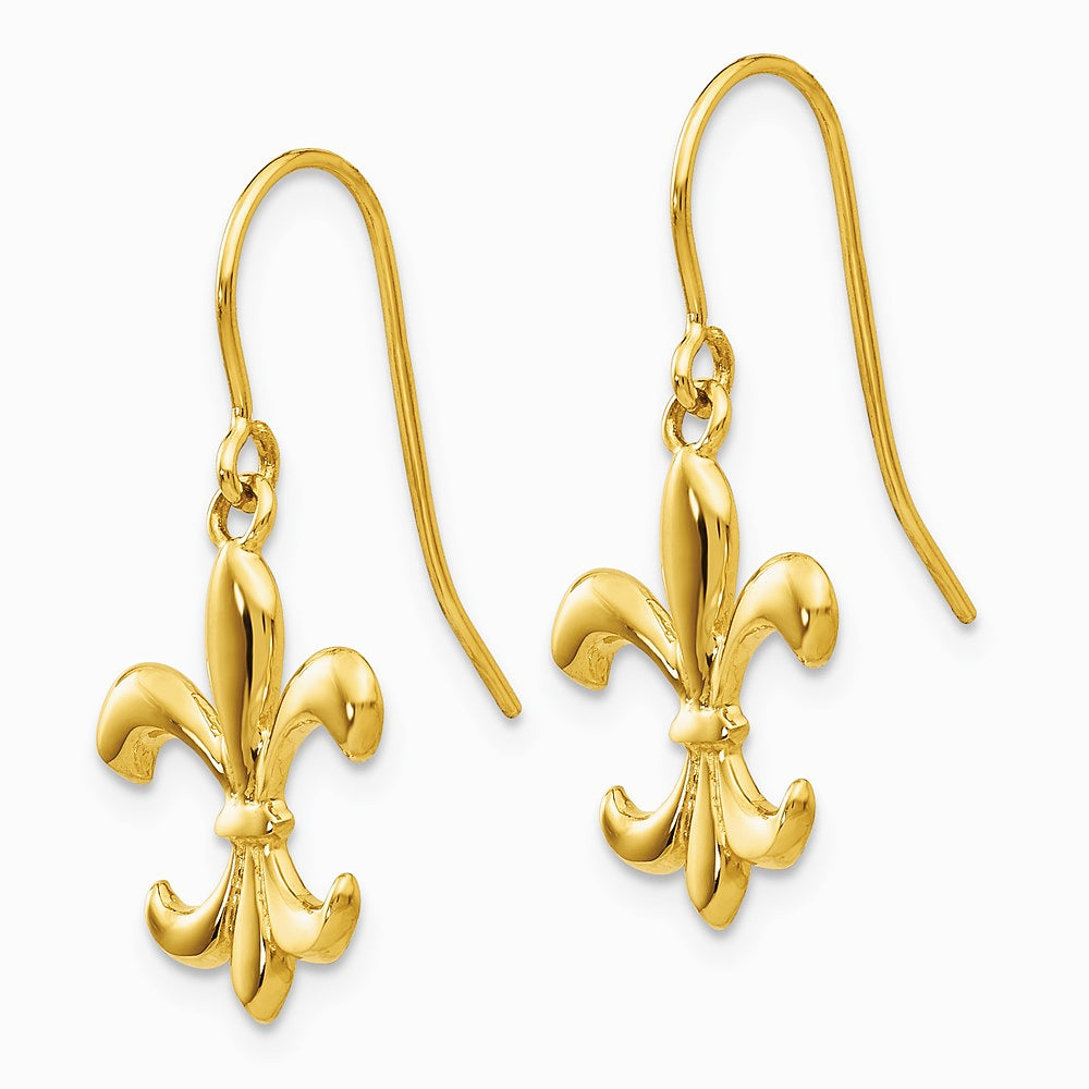 14K Yellow Gold Polished Fleur de lis Dangle Earrings - Product Photo