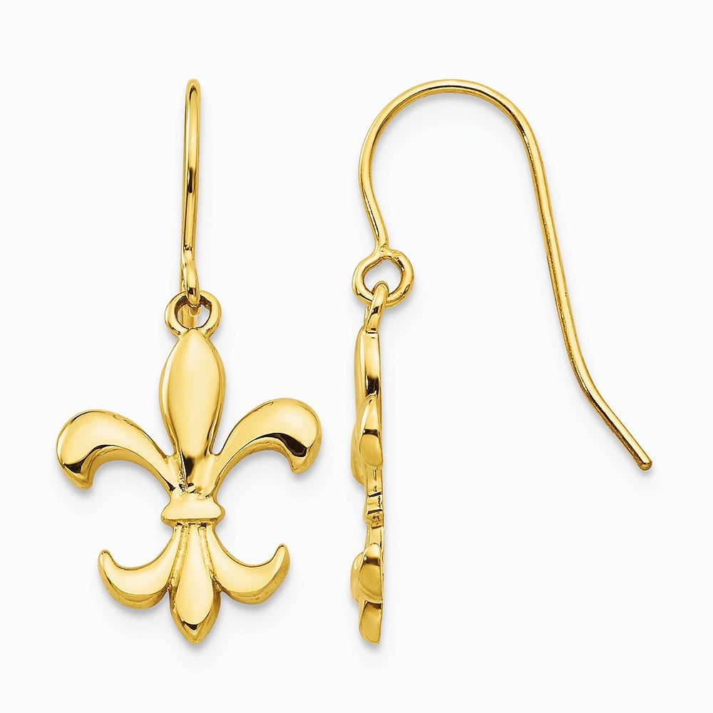 14K Yellow Gold Polished Fleur de lis Dangle Earrings - Product Photo