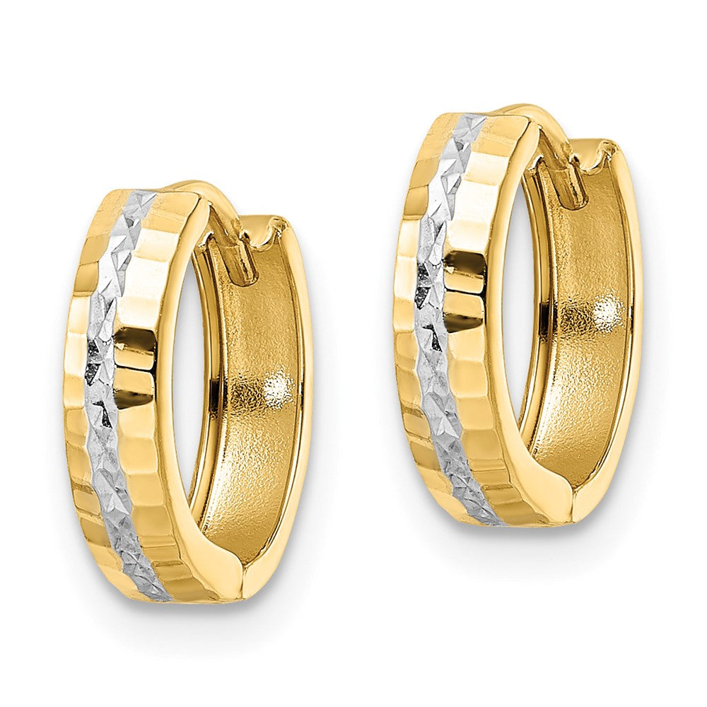 14K Yellow & Rhodium with Rhodium Diamond-cut 3x12mm Hinged Hoop Earrings - Product Photo