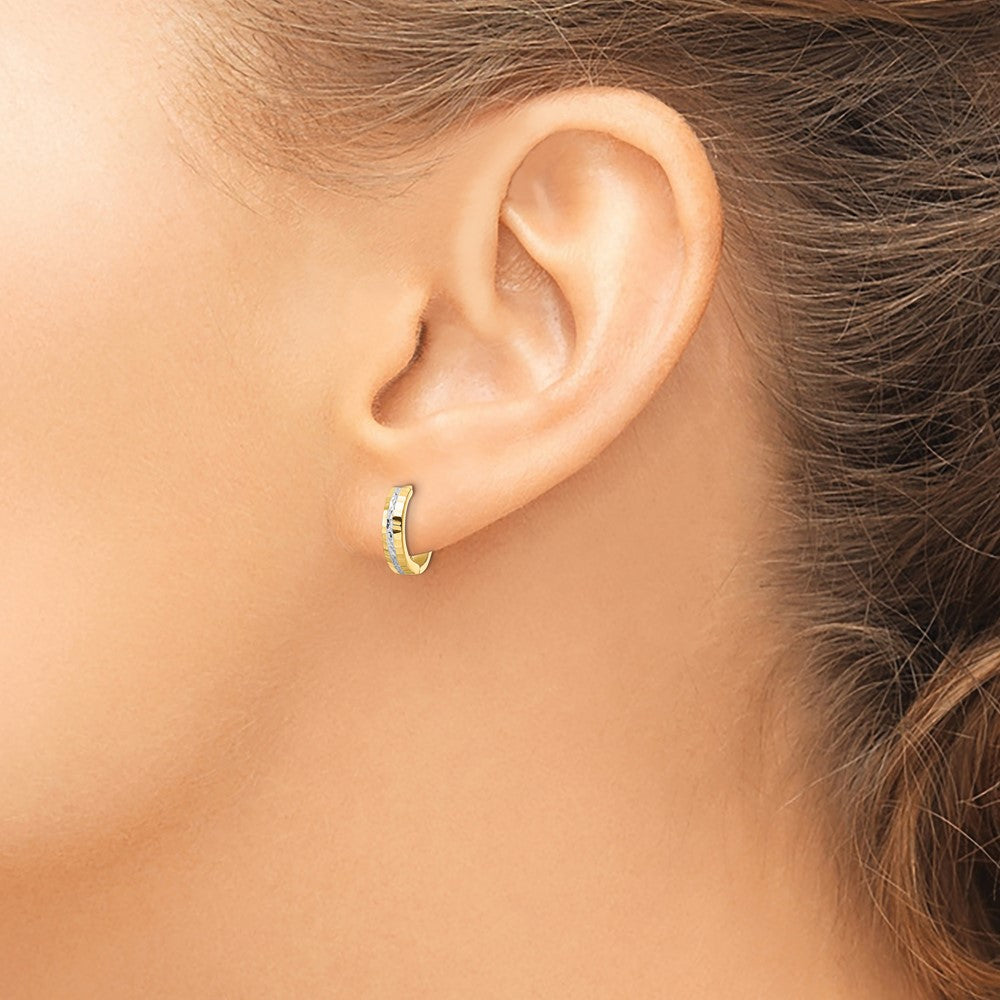 14K Yellow & Rhodium with Rhodium Diamond-cut 3x12mm Hinged Hoop Earrings - Product Photo