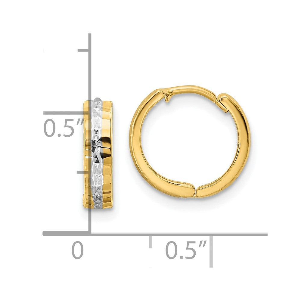 14K Yellow & Rhodium with Rhodium Diamond-cut 3x12mm Hinged Hoop Earrings - Product Photo