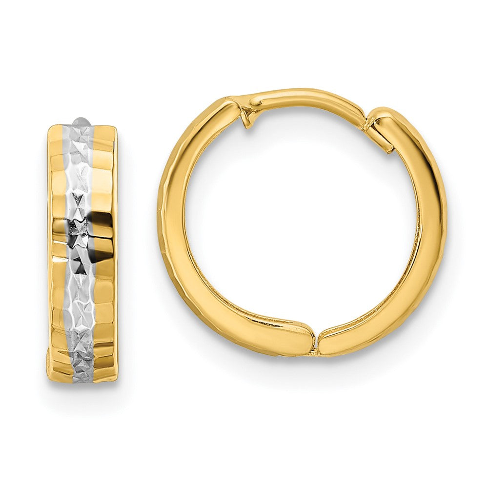 14K Yellow & Rhodium with Rhodium Diamond-cut 3x12mm Hinged Hoop Earrings - Product Photo