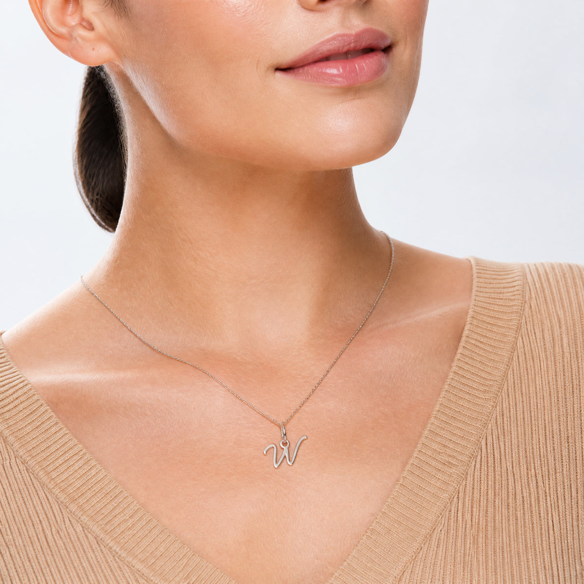 14K White Gold Uppercase Letter W Initial Charm - Model Shot