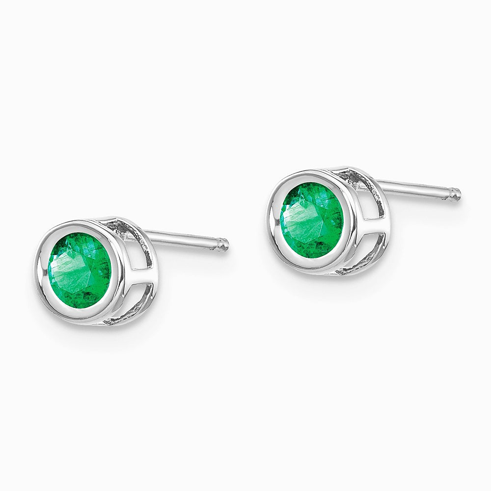 14K White Gold 4mm Bezel May/Emerald Post Earrings - Product Photo