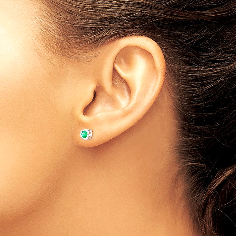 14K White Gold 4mm Bezel May/Emerald Post Earrings - Product Photo