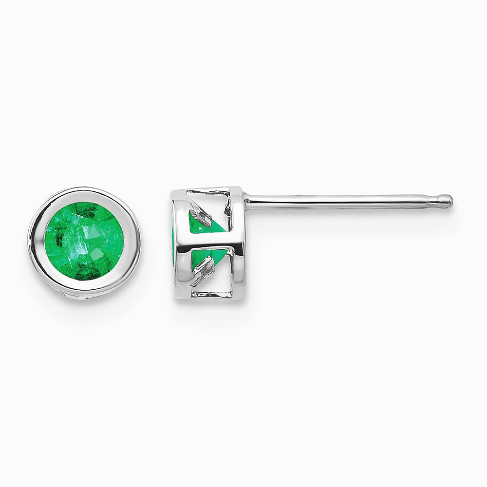 14K White Gold 4mm Bezel May/Emerald Post Earrings - Product Photo