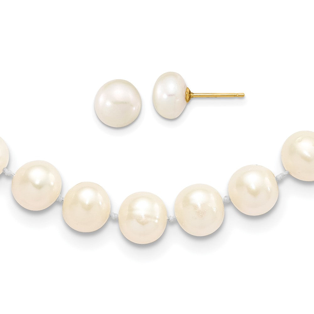 14K Yellow Gold 7-8mm Near Round White FWC Pearl Necklace & Button Earring Set