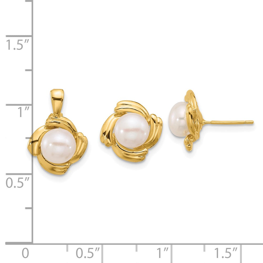 14k 6-7mm White Button FWC Pearl Earring and Pendant Set - Product Photo