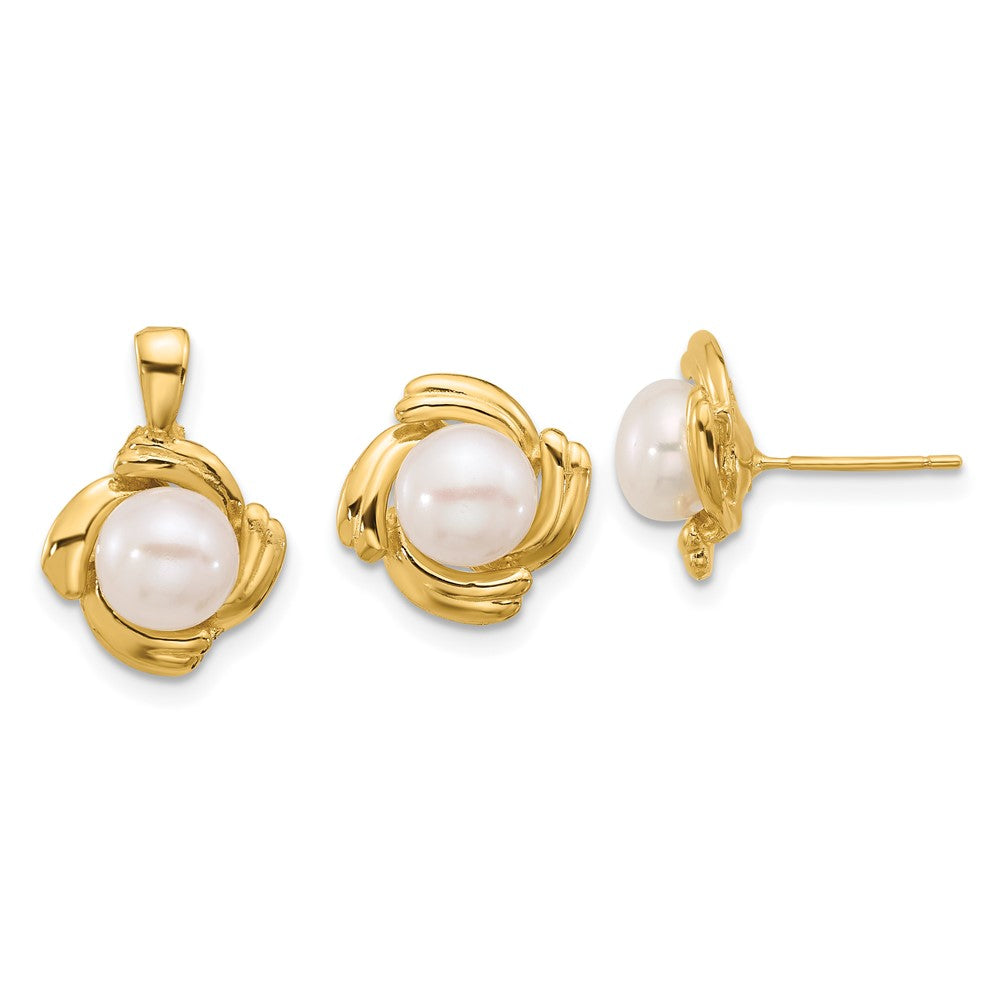 14k 6-7mm White Button FWC Pearl Earring and Pendant Set - Product Photo