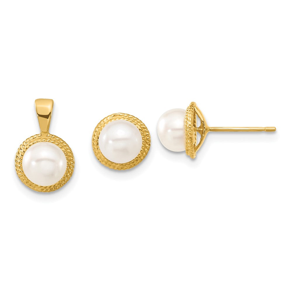 14k 5-6mm White Button FWC Pearl Earring and Pendant Set - Product Photo