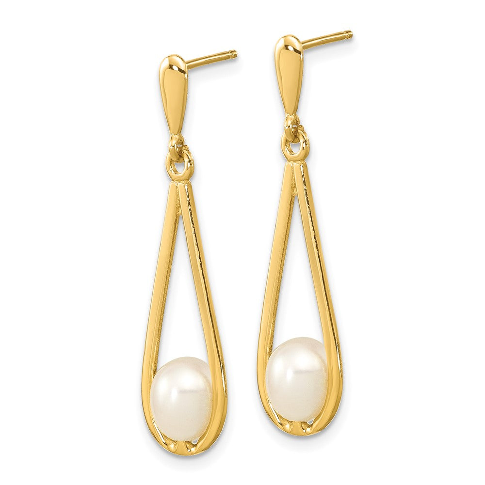 14k 5-6mm White Rice Freshwater Cultured Pearl Post Dangle Earrings - Product Photo