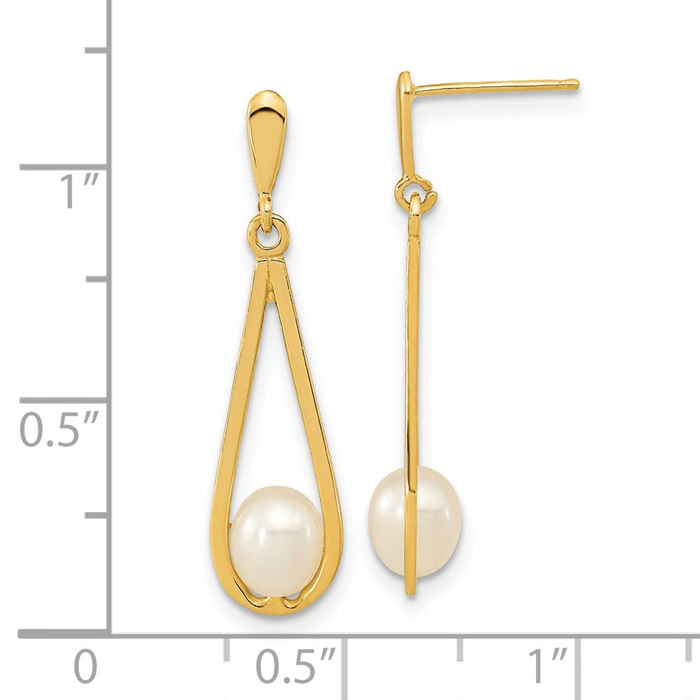 14k 5-6mm White Rice Freshwater Cultured Pearl Post Dangle Earrings - Product Photo
