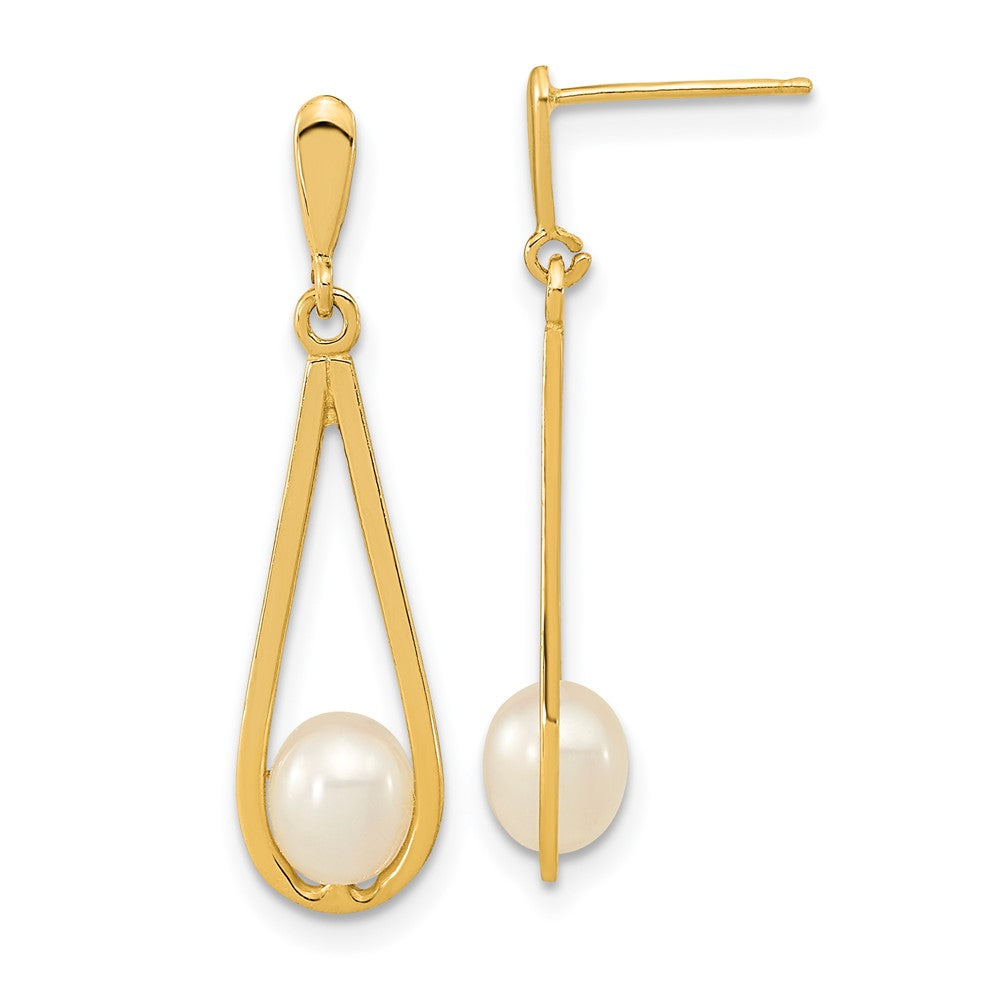 14k 5-6mm White Rice Freshwater Cultured Pearl Post Dangle Earrings - Product Photo