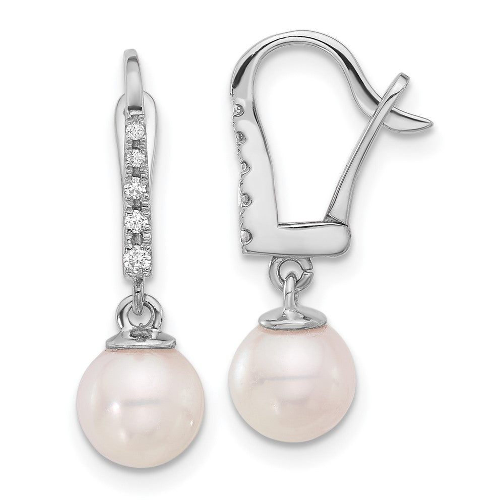 14K White Gold 6-7mm Rnd Wht Akoya Pearl and .085ct Dia Dangle Earrings - Product Photo