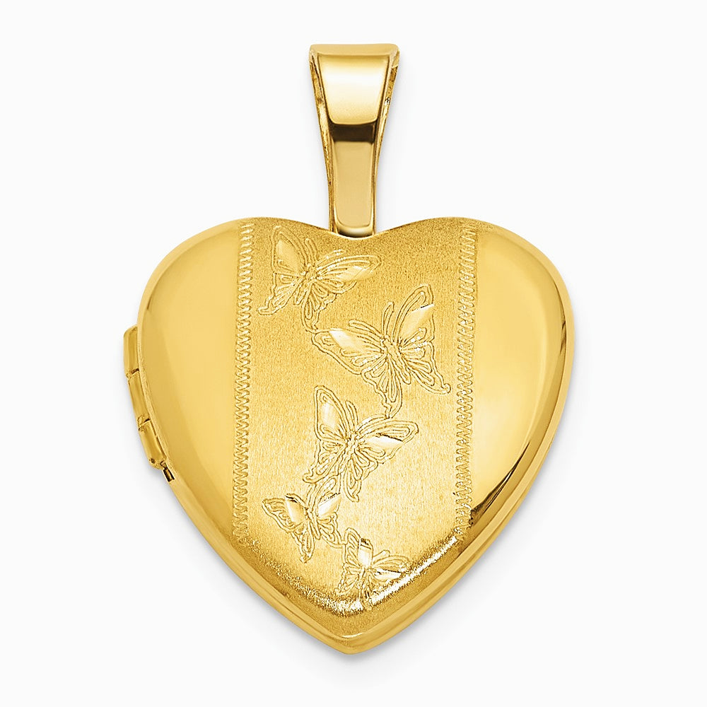 14K Yellow Gold Polished and Satin 12 mm Butterfly Heart Locket