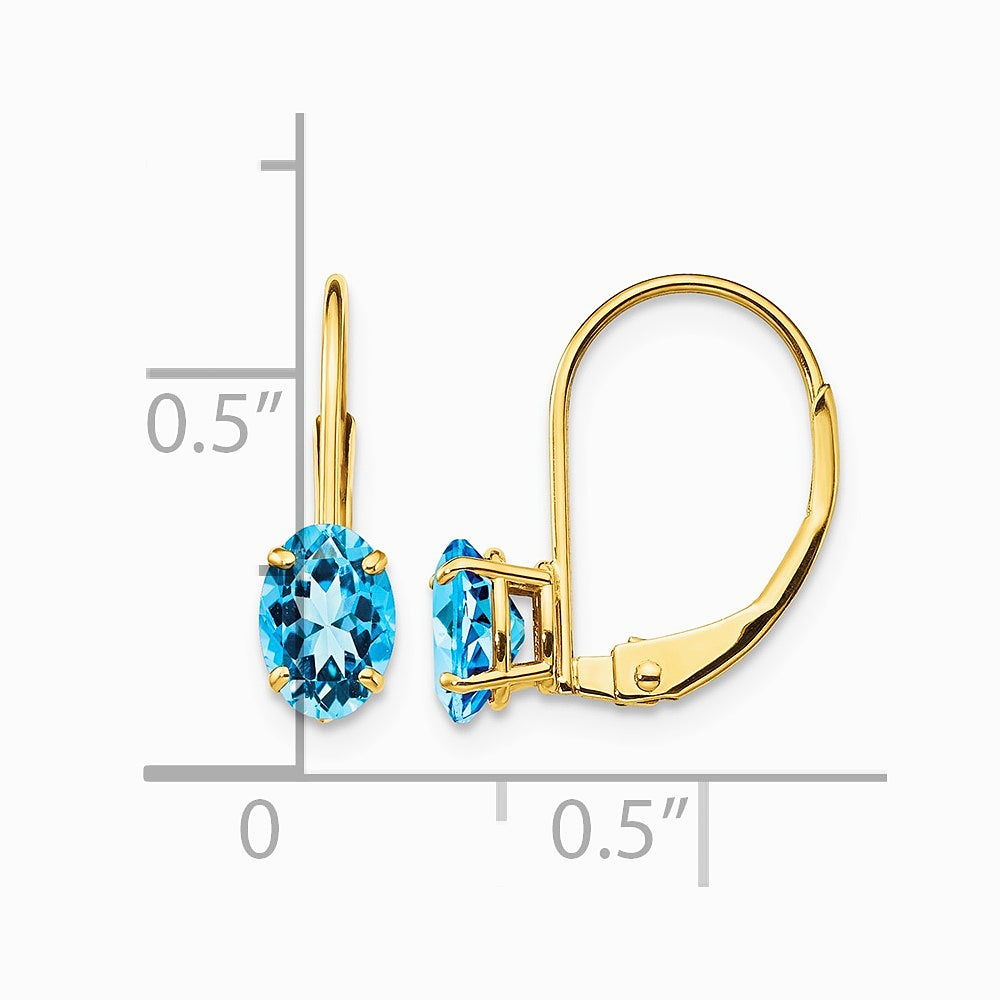 14K Yellow Gold 6x4mm Oval Blue Topaz Leverback Earrings - Product Photo