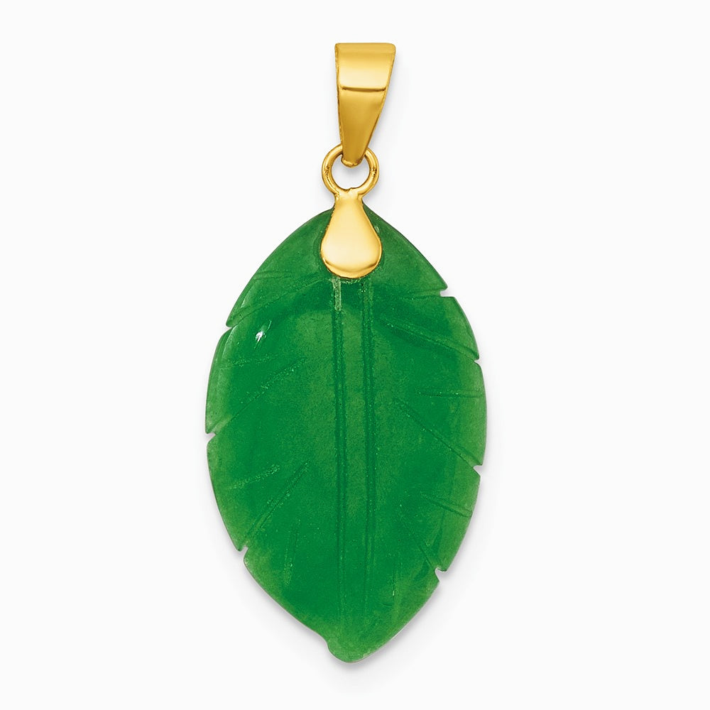 14K Yellow Gold Polished Carved Jade Leaf Pendant - Product Photo