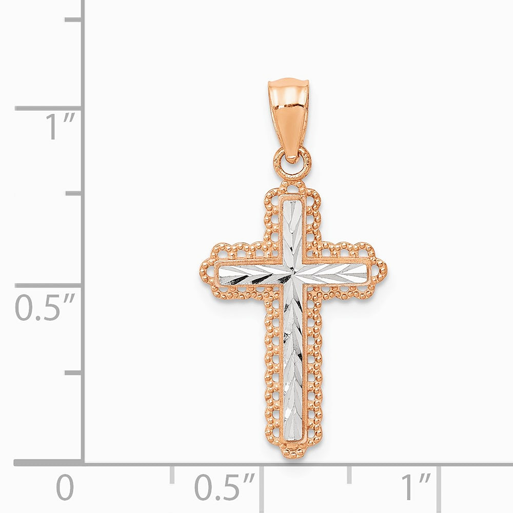 14K Rose Gold Rhodium Diamond Cut Cross Pendant - Product Photo