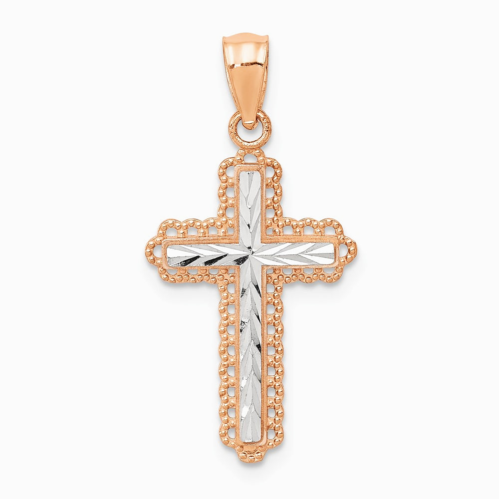 14K Rose Gold Rhodium Diamond Cut Cross Pendant - Product Photo