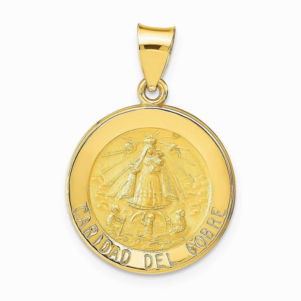 14K Yellow Gold Polished and Satin Caridad del Cobre Medal Hollow Pendant - Product Photo