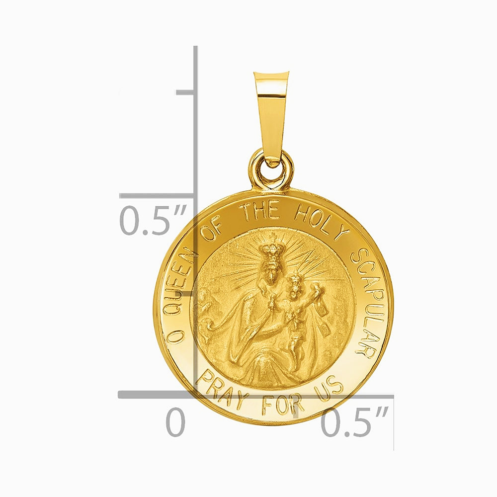 14K Yellow Gold Queen Of The Holy Scapular Reversible Medal Hollow Pendant - Product Photo