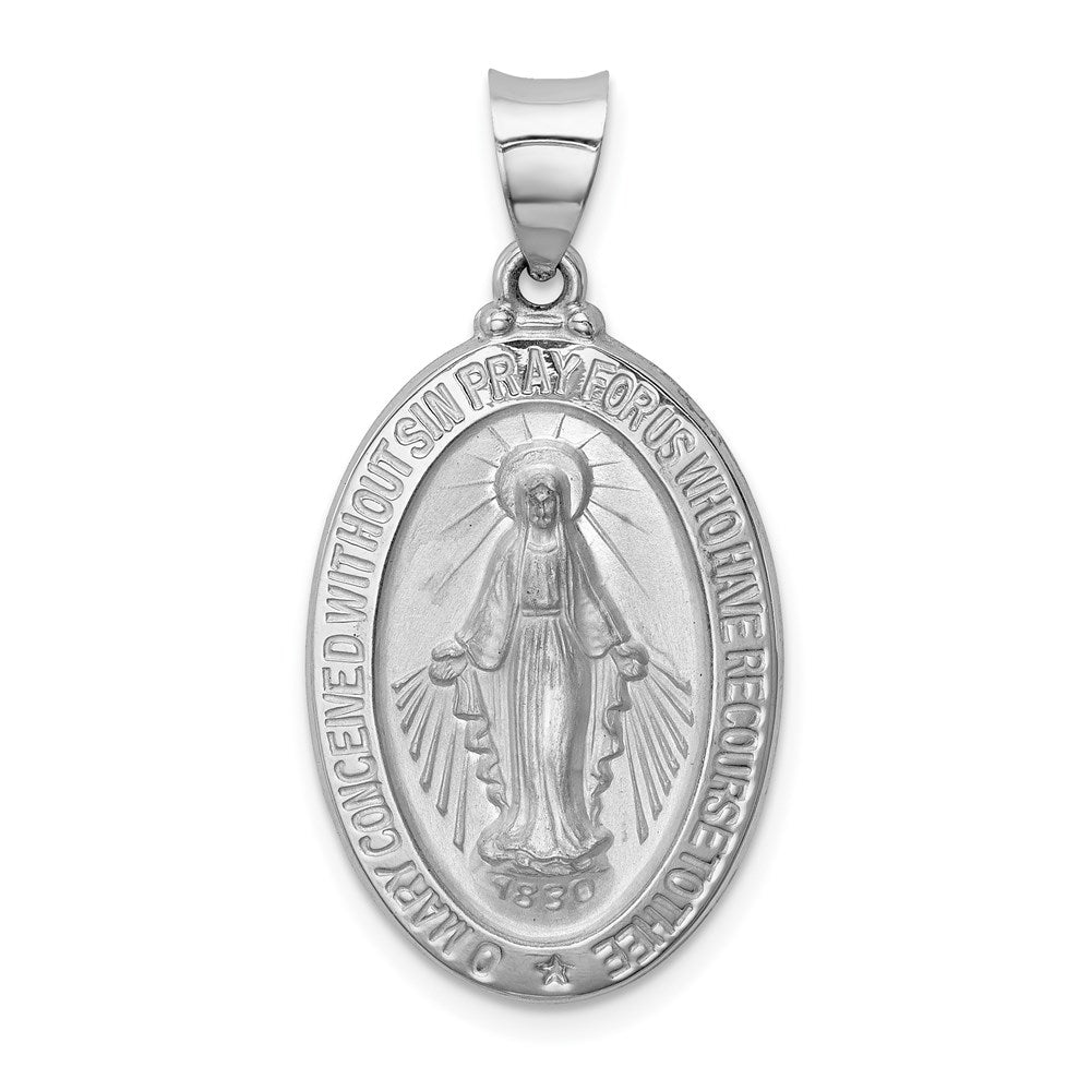 14k White Gold Polished/Satin Miraculous Medal Hollow Pendant - Product Photo