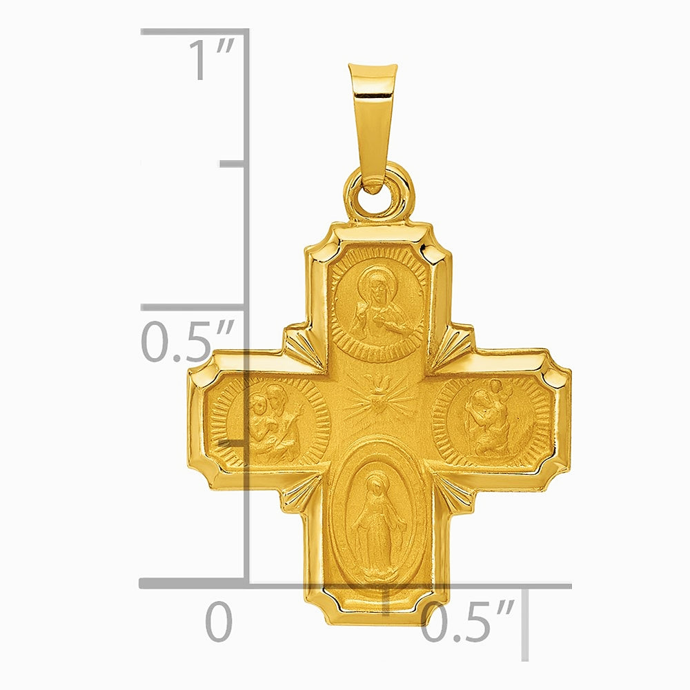 14K Yellow Gold Polished and Satin Four Way Medal Hollow Pendant - Product Photo